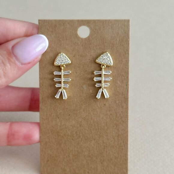 Gold Fishbone Earrings #1765 - Picture 3 of 5